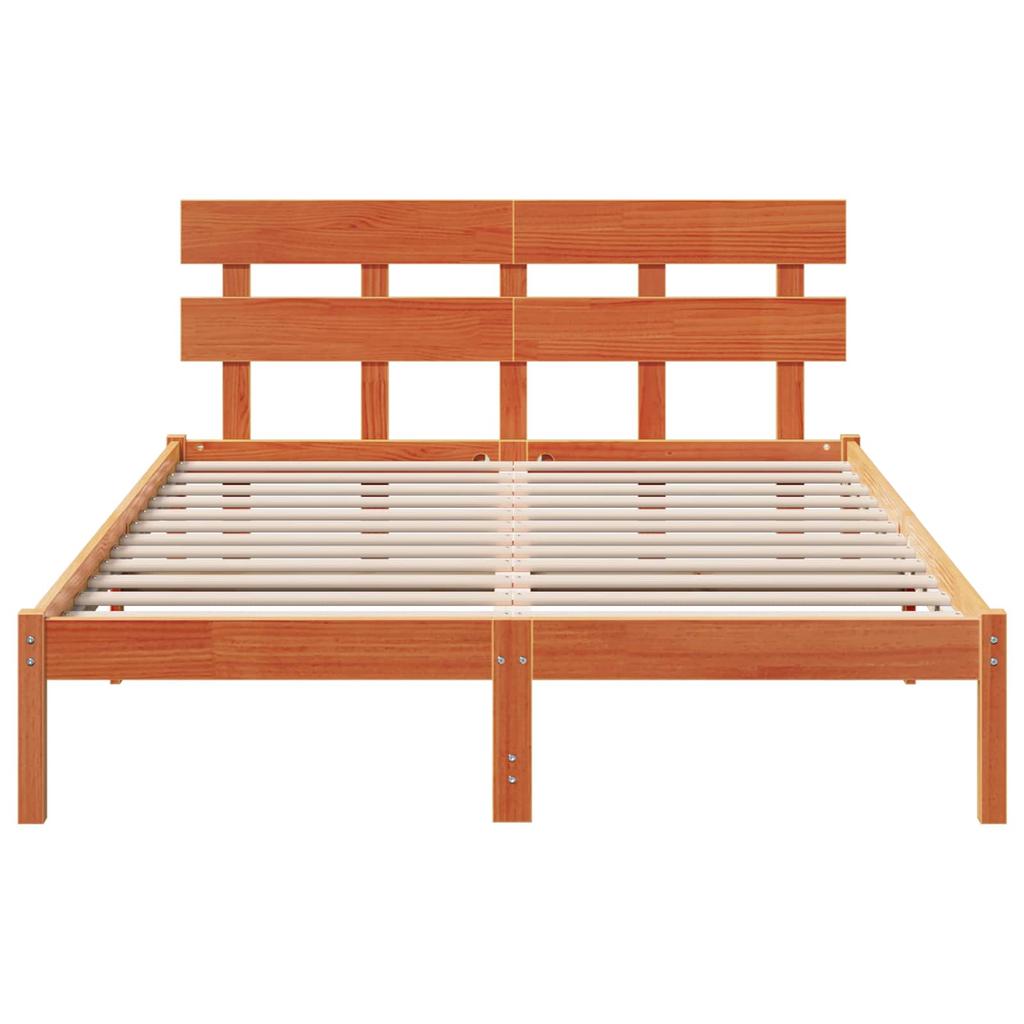 Brown Bed Frame with Headboard 160 X 200 Cm Solid Pine Wood