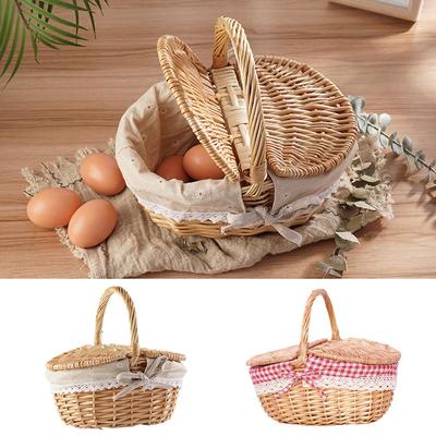 Handmade Wicker Picnic Basket with Lid Handle Picnic Hamper Washable Lining Willow Woven Storage Hamper For Outdoor Camping