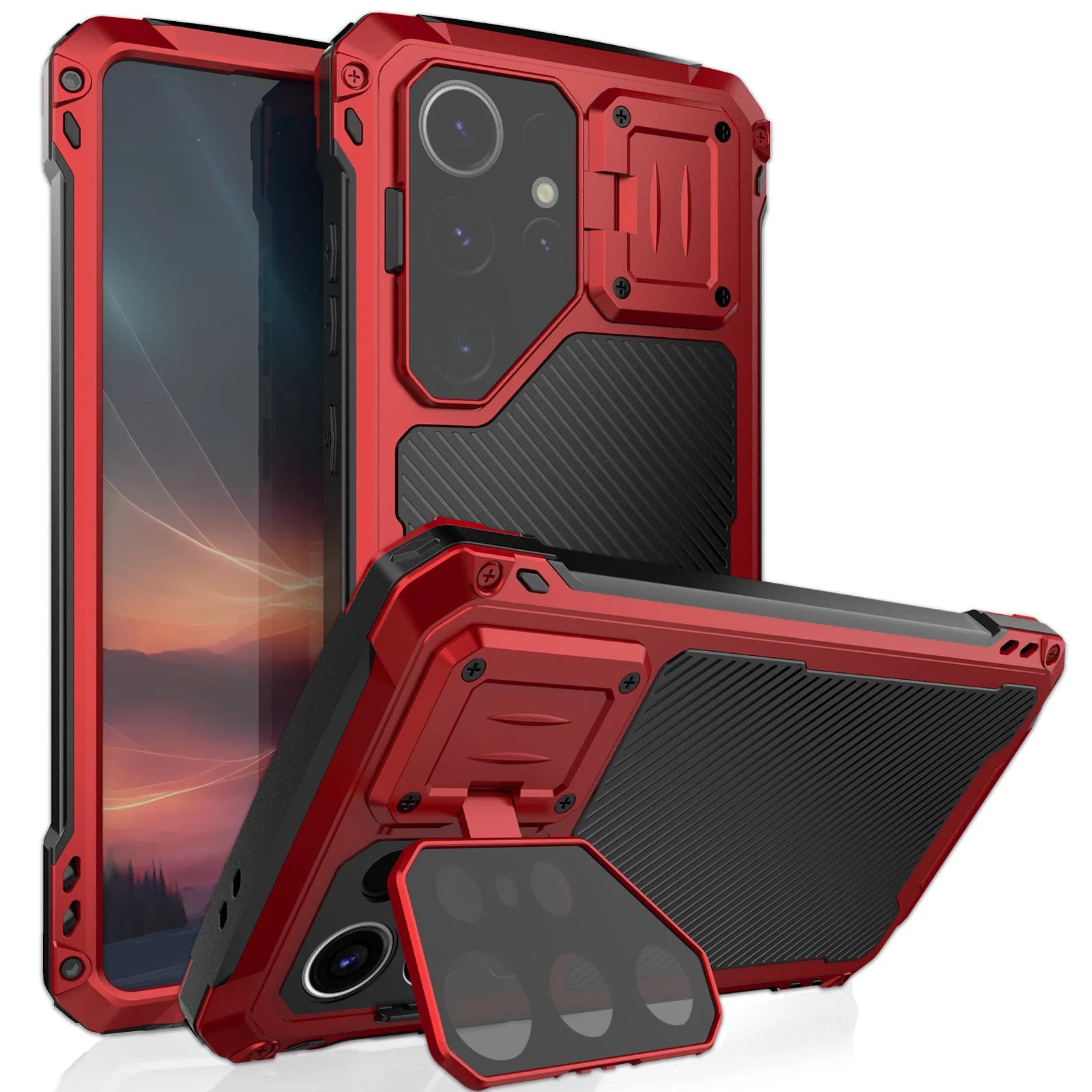 

For Samsung S24 S23 S25 S26 Ultra IP54 Waterproof Aluminum Metal Magnetic Case Anti-fall Shockproof Lens Cover Stand Screen Film aluminum&Case & Holder&Galaxy S23 Ultra красный