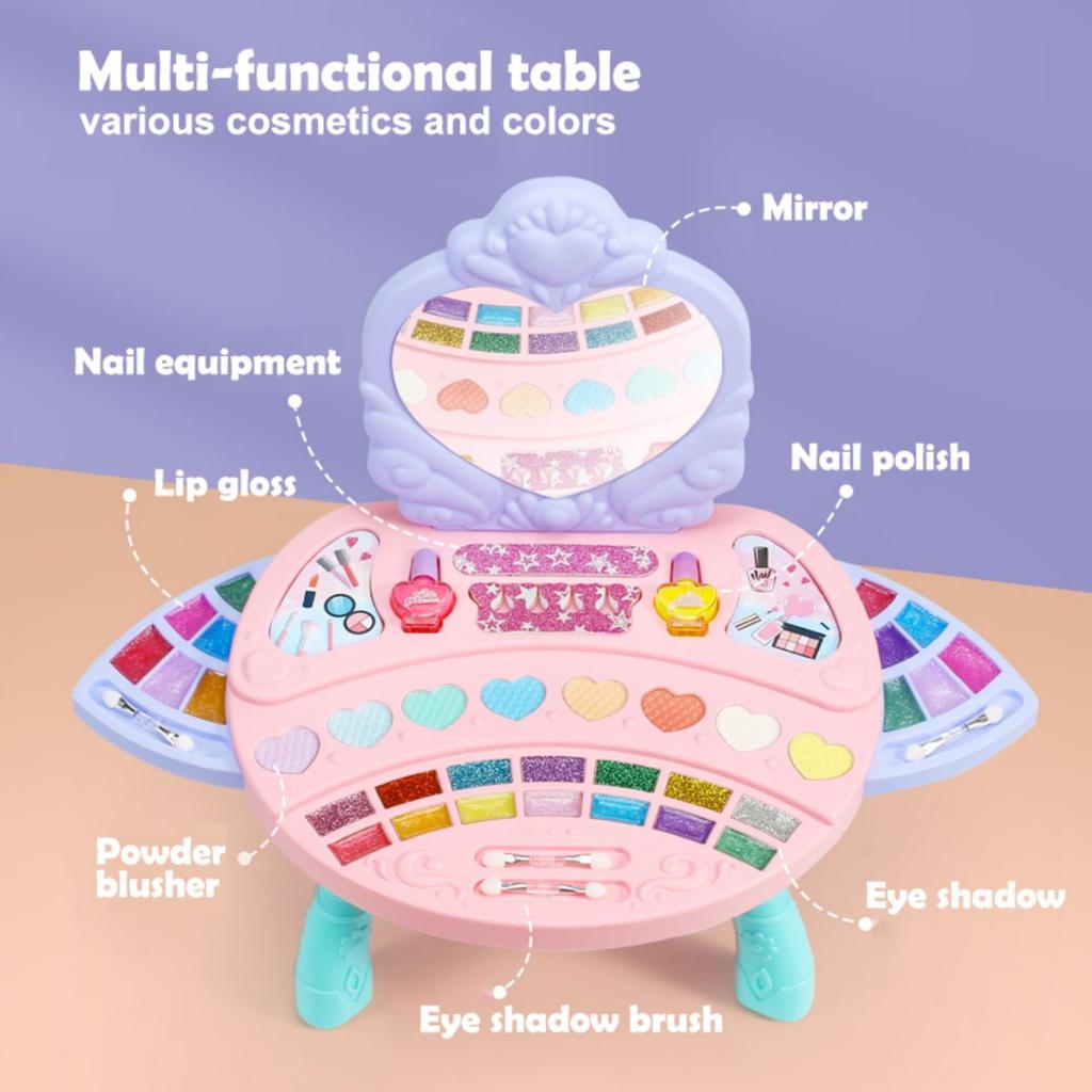 Princess Vanity Makeup Playset!Safe Washable Cosmetic Kit (Nail Polish, Blush, Lip Gloss). Multi-Func Dresser Toy. Perfect Gift