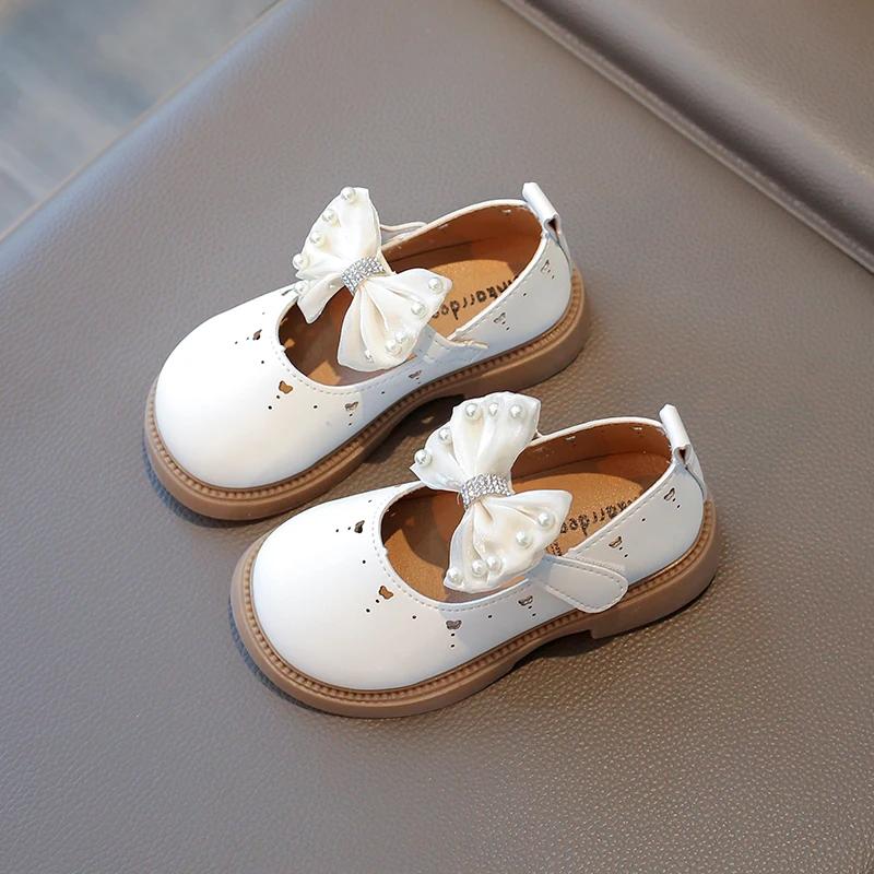 Little Girls Party Dress Shoes for Wedding Princess Sweet Kids Mary Janes Flats Cut-outs with Bow-knot Rhinestone Leather Shoes