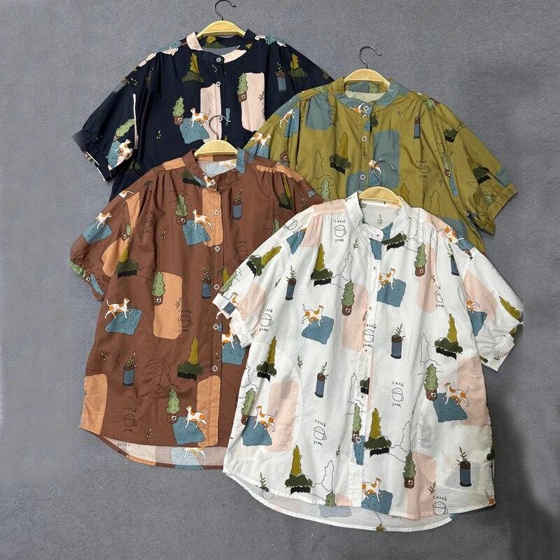 

Johnature летние женские топы с мультяшным принтом, блузки, свободные японские хлопковые повседневные женские рубашки с круглым вырезом и короткими рукавами