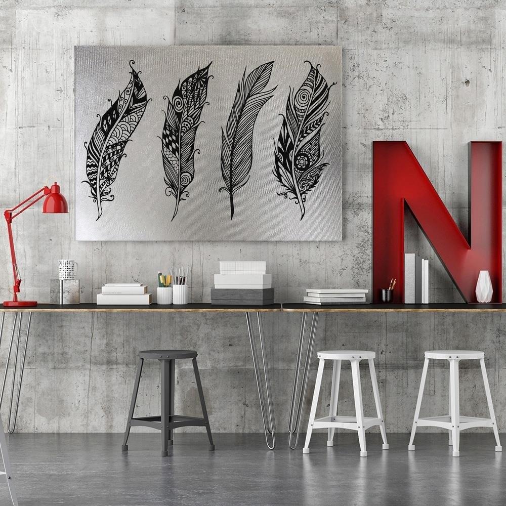 Feeby Leinwanddruck, Silberfarbene vier gezeichnete Federn