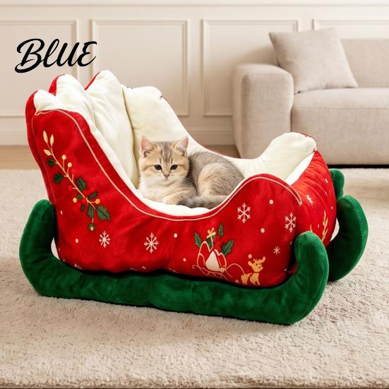 Soft Cotton Cat Bed Christmas Sleigh Shaped Pet Bed, Cozy Holiday Dog Sofa Anti‑Slip Base Washable Puppy Cushion, Sleeping for Small Medium