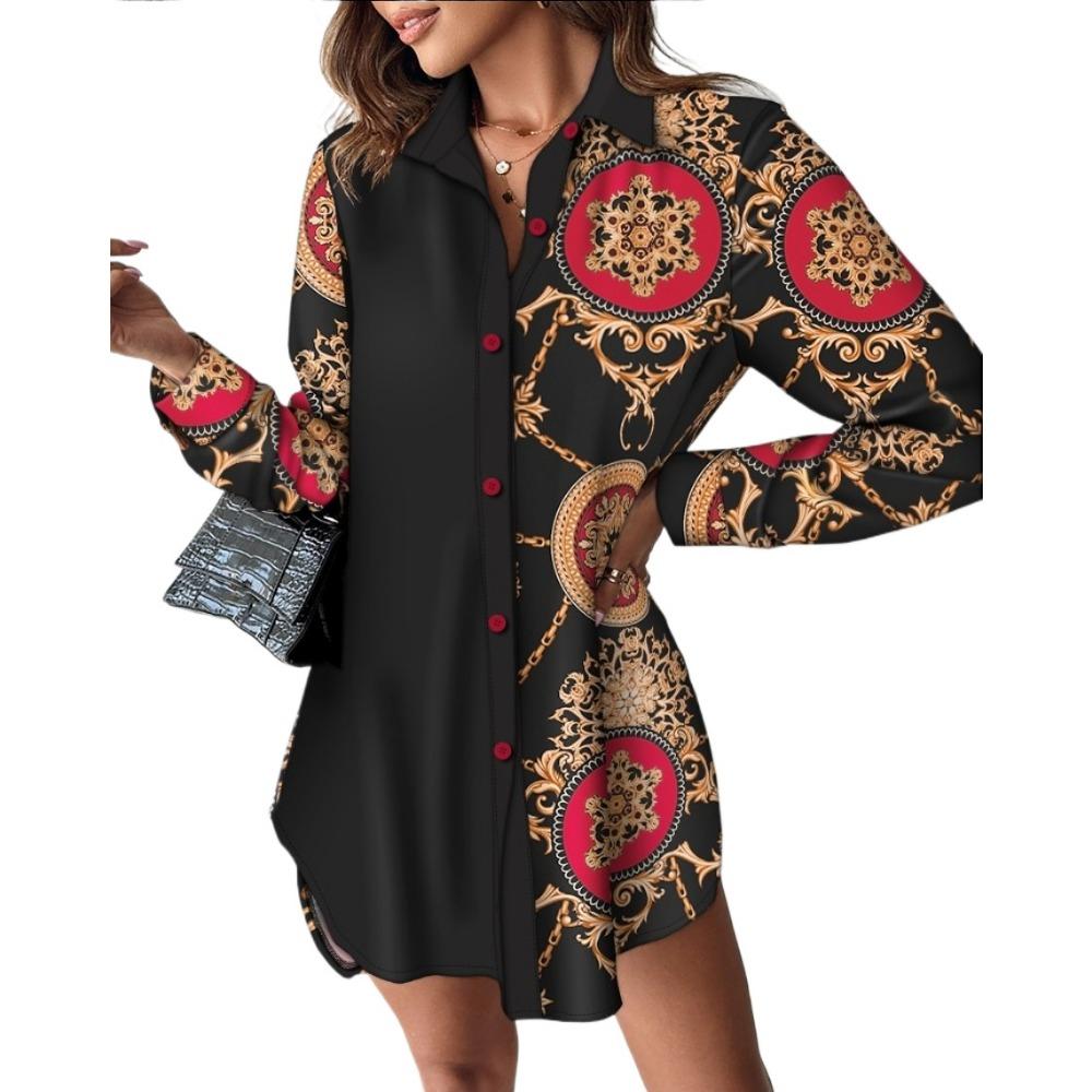BITCED Women's Autumn and Winter Long Sleeve Printed Patchwork Button Dress Women's Shirt