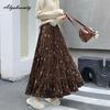 Korean Fashion Autumn Winter Women Midi Skirt Elastic Waist Floral Print Velvet Skirt Elegant Feminine Pleated Skirts Womens
