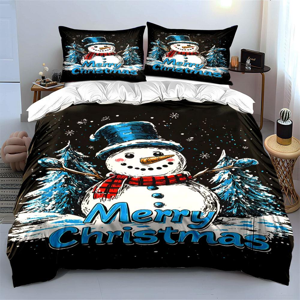 Snowman Merry Christmas Design Bedding Duvet Cover Set Duvet Cover Pillowcases (1*Duvet Cover 2*Pillowcases, Without Duvet Insert)