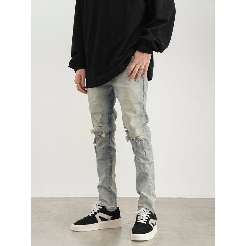 European and American High Street Style Ripped Distressed Washed Yellow Slim Fit Skinny Jeans Exit National Trend Hip-Hop Slimming Long Pants