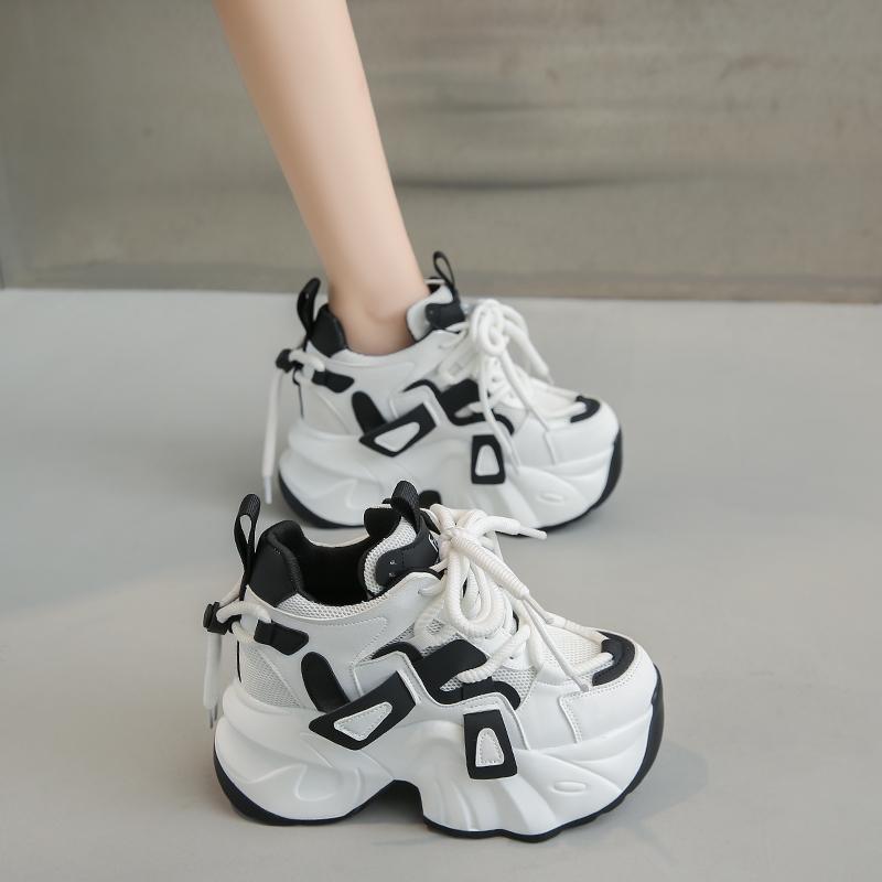 Fashion Fashion 8CM High Platform Sneakers Women Thick Sole Non Slip Sports Dad Shoes Woman Korea PU Leather Chunky Sneakers 2024 Spring
