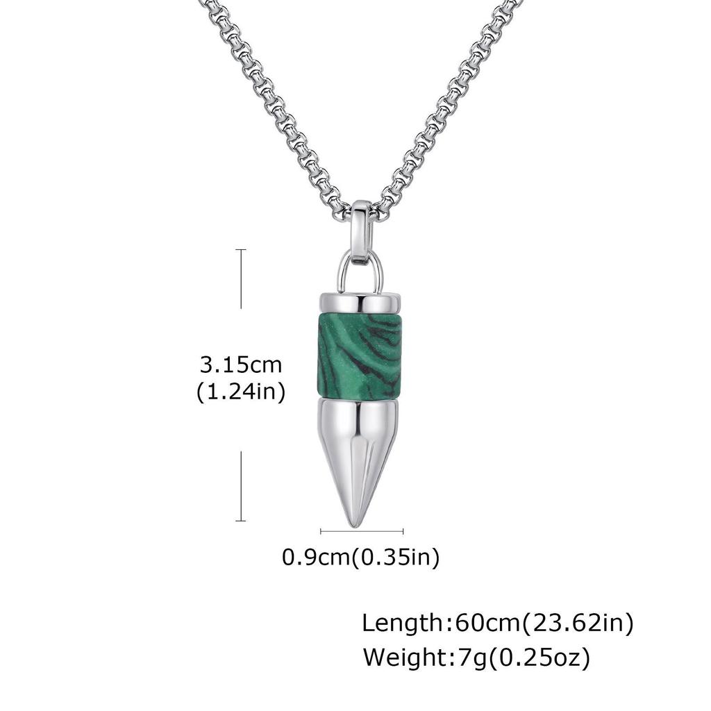 Stainless Steel Gemstone Pendant with Black Agate, Turquoise, Malachite, Aventurine, and Tiger Eye - Round Bullet Design.