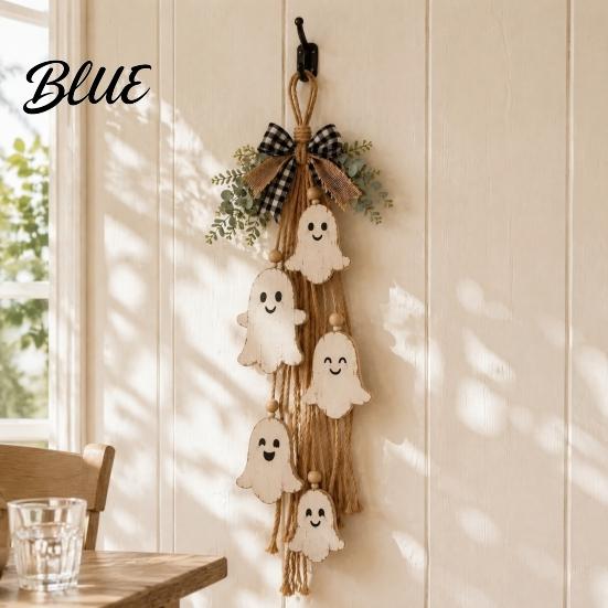Seasonal Indoor Hanging Ornament Halloween Rustic Ghost Wall Decor with Wood Beads & Hemp Rope Farmhouse Tiered Layered Display Pendant for