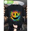 Men's Plus Size Retro 70s Vintage T-Shirt - Oversized Relaxed Fit Cotton Tee with Black Rainbow Tie-Dye Splatter & Smile Face Graphic, Suitable for