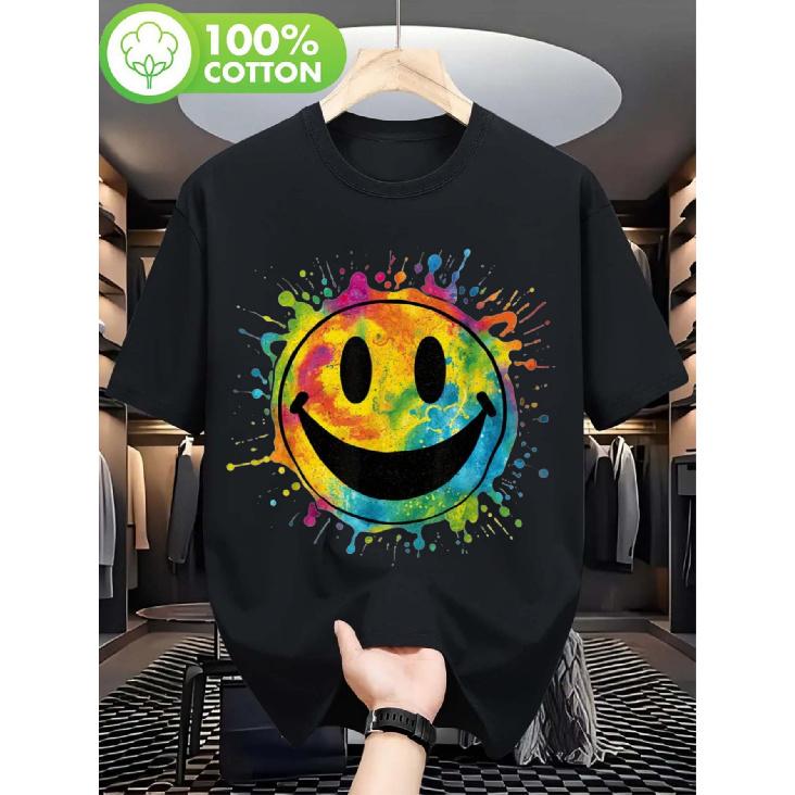 Men's Plus Size Retro 70s Vintage T-Shirt - Oversized Relaxed Fit Cotton Tee with Black Rainbow Tie-Dye Splatter & Smile Face Graphic, Suitable for
