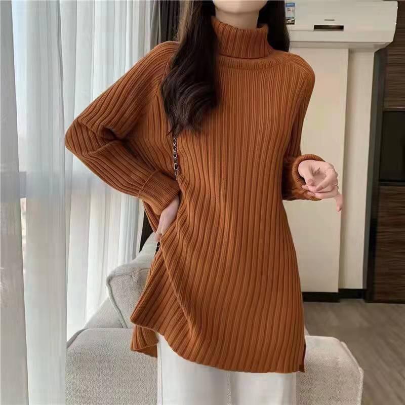 

Женский свитер с полувысоким воротником, осенне-зимняя свободная базовая рубашка с флисом, утолщенный универсальный вязаный свитер, топ с длинными рукавами One Size
