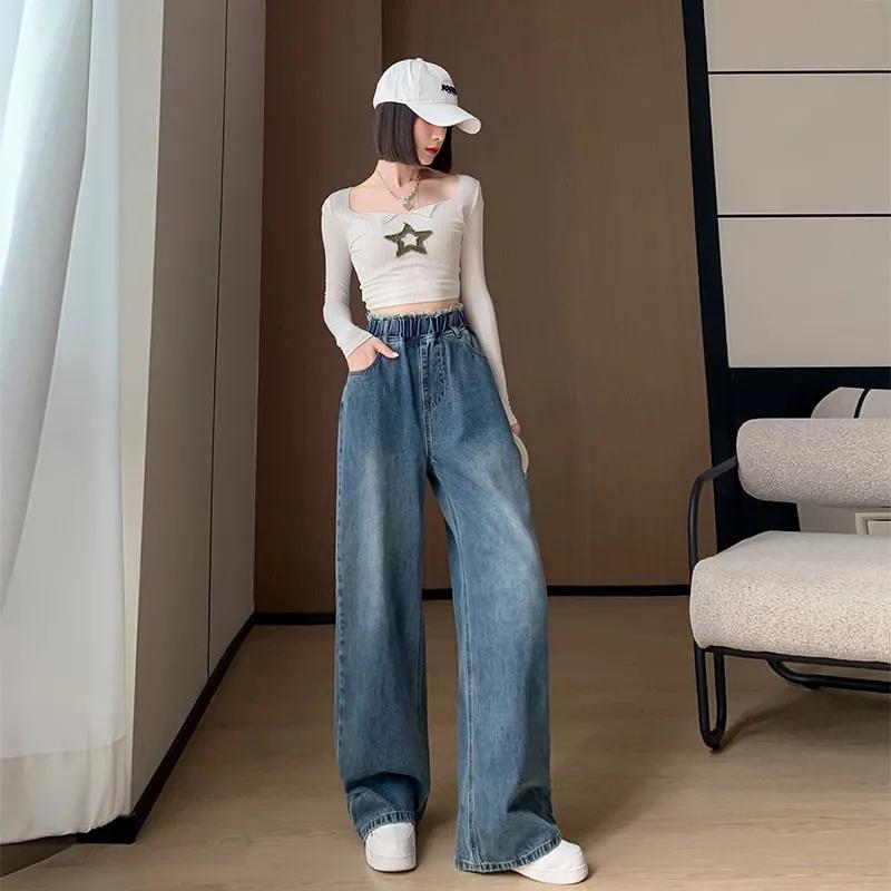 Dames lente en herfst losse hoge taille grote maten spijkerbroek retro rechte wijde pijpen broek