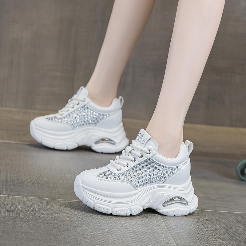 Fashion 8CM Women Casual Shoes Fashion Sneakers Platform High Heel Chunky Sneakers Walking Shoes Spring Autumn Bling Rhinestone