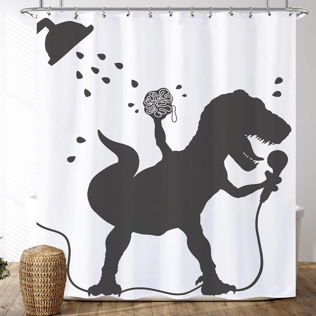 Funny Dinosaur Shower Curtain Kids Shower Curtains Set Cartoon Dino Raptor Silhouette Boys Bathroom Decor Fun Black White Fun