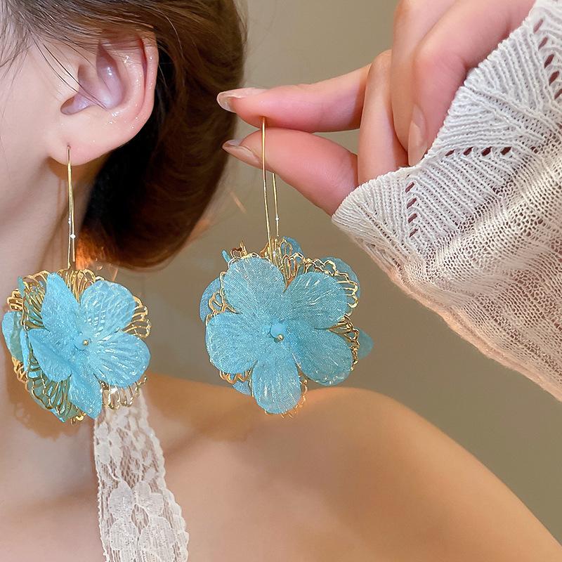 New blue flower fringed earrings, fresh niche design studs, women's summer vacation earrings