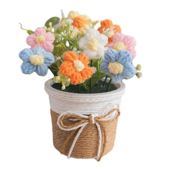Handmade Crochet Flower Bouquet with Pot, Cute Little Knitted Potted Flower for Car Dashboard, Home Office Decoration, Gift for Birthday, Anniversary