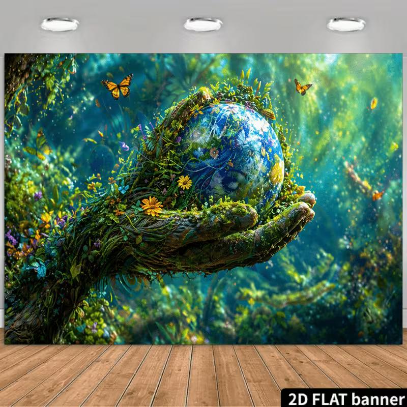 

2D Earth Day Backdrop, Green Hand Holding Earth & Butterflies Party Decoration 47.2x31.5inch/120*80cm