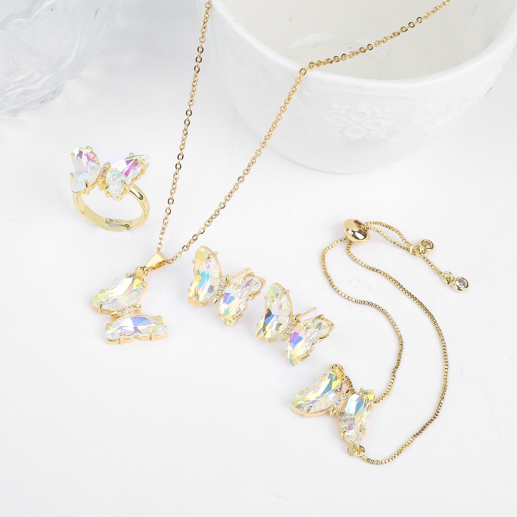 4pcs Creative 21 Colors Crystal Zirconia Butterfly Bracelet Necklace Earrings Ring Jewelry Set Luxury For Woman Party Jewelry