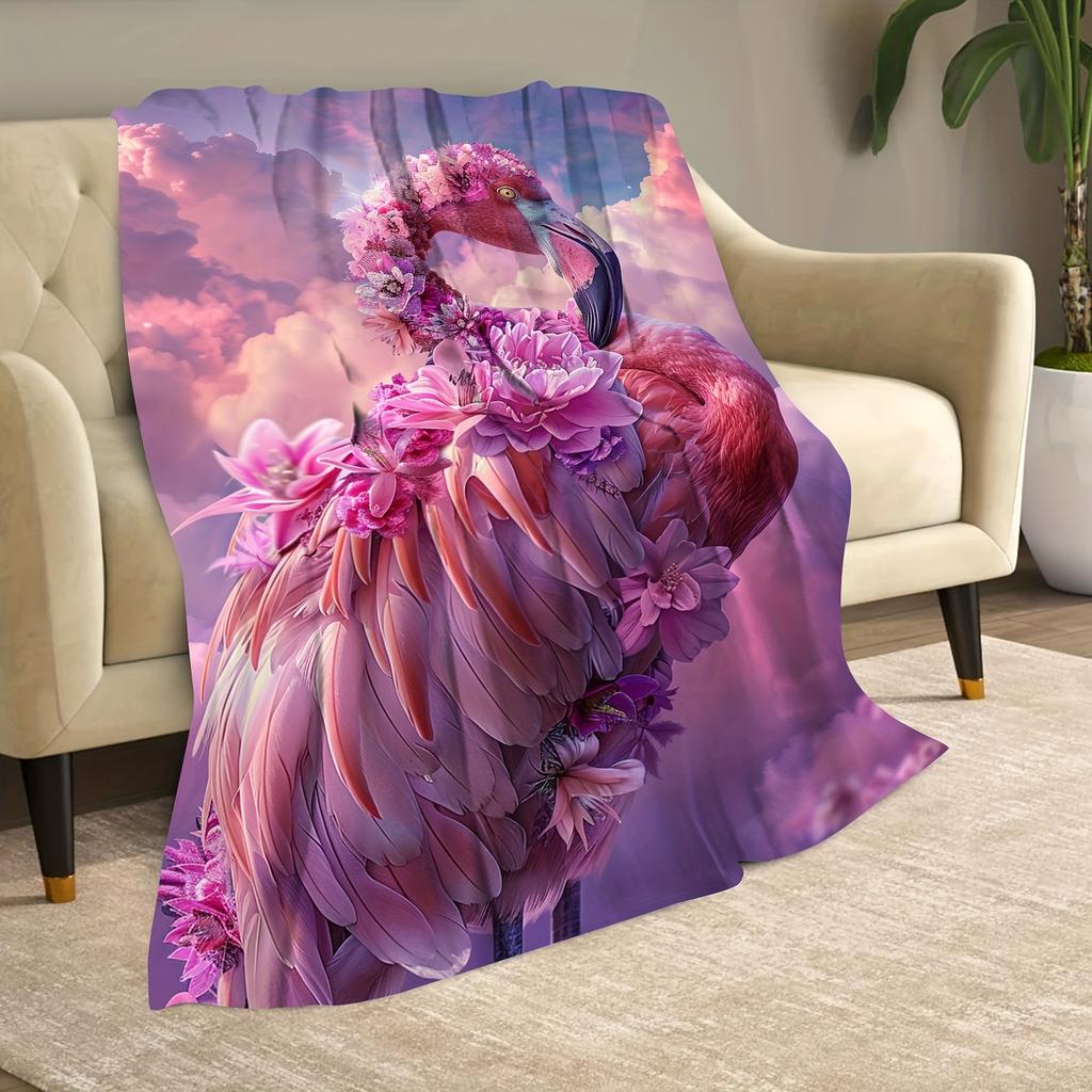 Cozy Flamingo Floral Print Flannel Throw Blanket - Soft, All-Season Knit with Digital Animal Design for Couch & TV, Hand Washabl