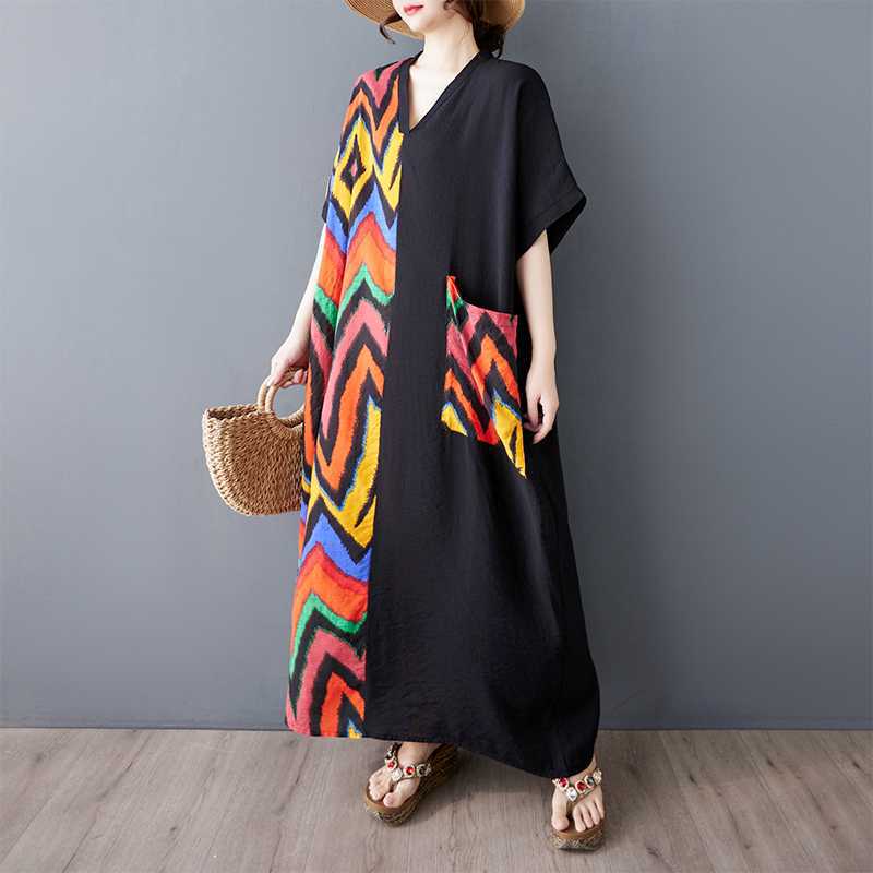 Summer Short Sleeved Contrasting Splicing Long Dress for Women