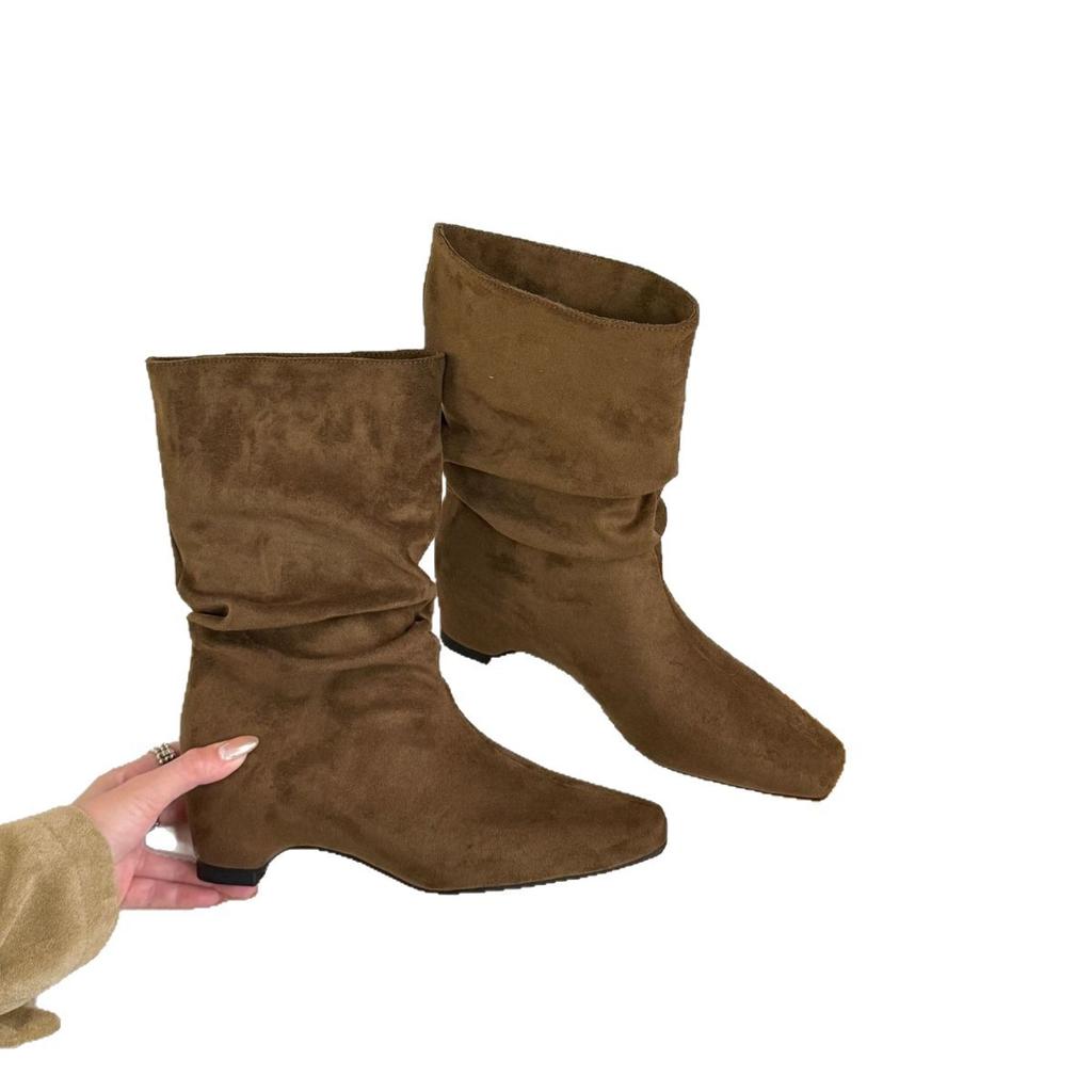 Autumn and winter new mid-heel stacking boots for women, khaki mid-tube inner height-increasing square-head Martin boots for women