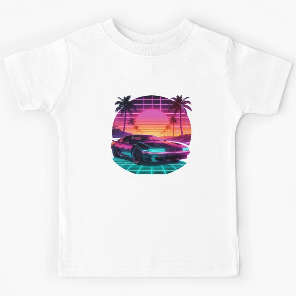Synthwave Car Sticker | Outrun Aesthetic Neon Retro Sports Car | 80s Sunset Vaporwave Grid Art Kids T-Shirt 100