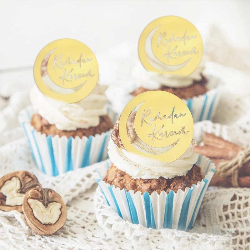 5/10 Stück Eid Mubarak Acryl Cupcake Topper Gold Ramadan Kareem Kuchen Topper Islamisches Muslimisches Festival Party Kuchen DIY Dekorationen