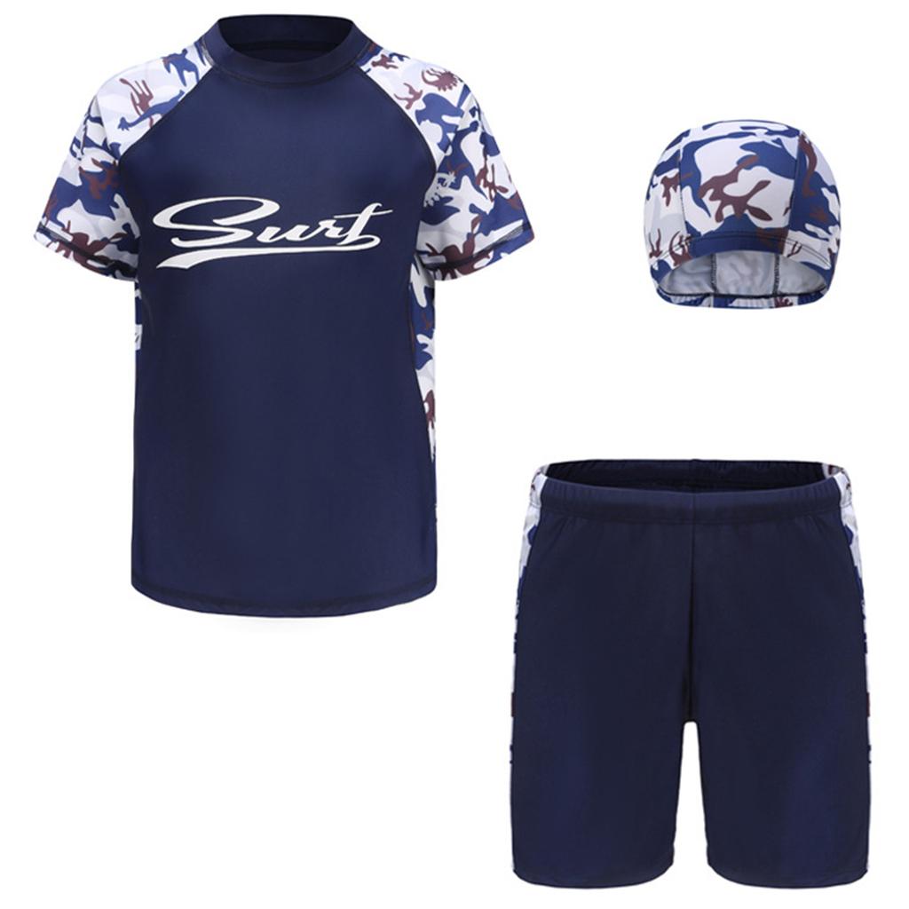 Boys Swimwear Set Short Sleeve Rash Guard Top Matching Trunks Hat Beach Swim Outfit
