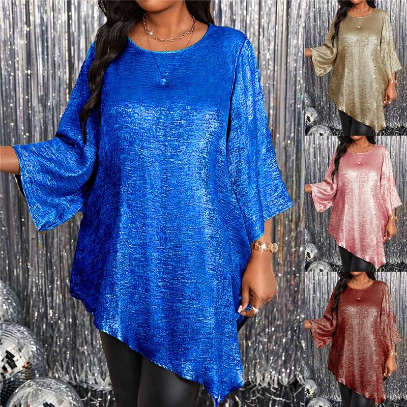 

New European And American Large Size Loose Round Neck Nine Point Sleeve Irregular Hem Blouse Women s Clothing 4XL яскраво-рожевий колір