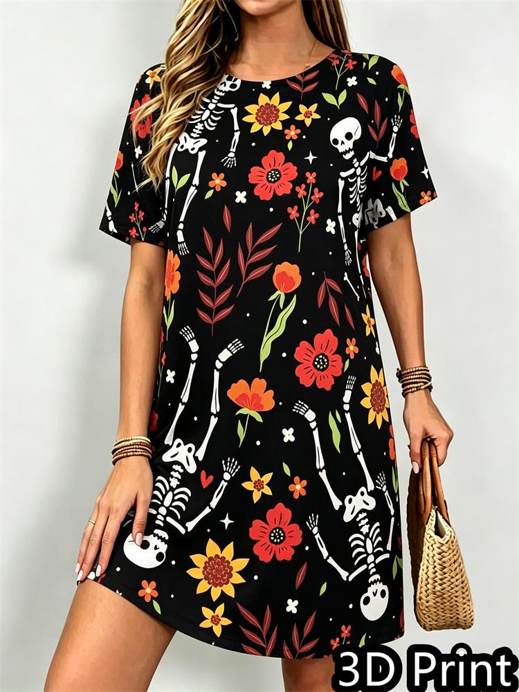 Fashion 3D Print Summer Dress Loose Casual Short Sleeve O-Neck Mini Dress Halloween Party