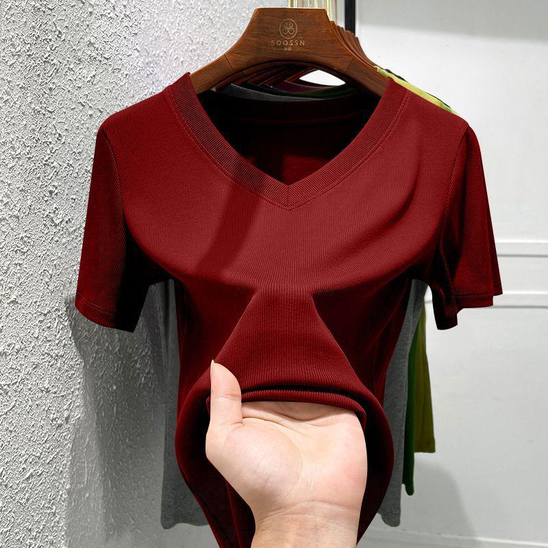 Elegante Camiseta Fina de Mujer con Cuello en V - Versátil Capa Base de Verano