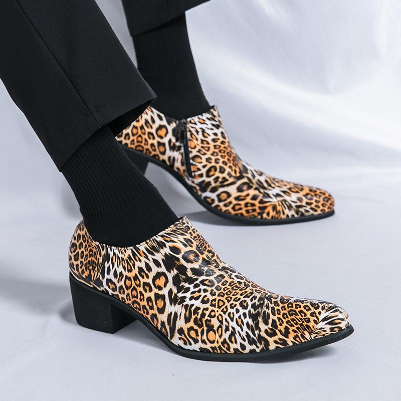 Fashion 2025 Fashion Party Banquet Men's Comfortable High Heels Tall Leather Shoes Spring New Style Side Zipper Pointed Block Shoes