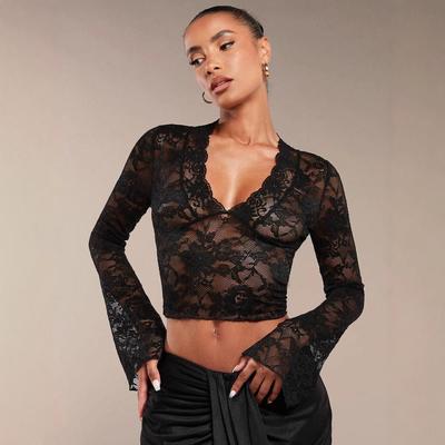 Elegantes Damen-Oberteil mit einfarbiger Spitze, V-Ausschnitt, eng ausgestellt, langärmelig