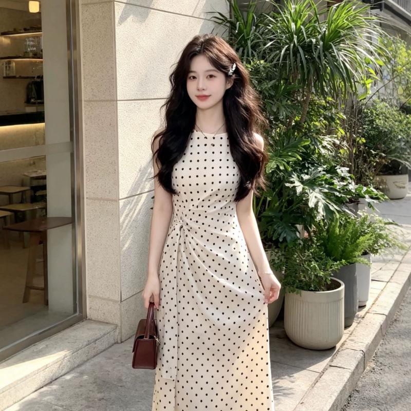 French Temperament White Polka Dot Dress Children's Summer New Style Strap Waist Thin Dress
