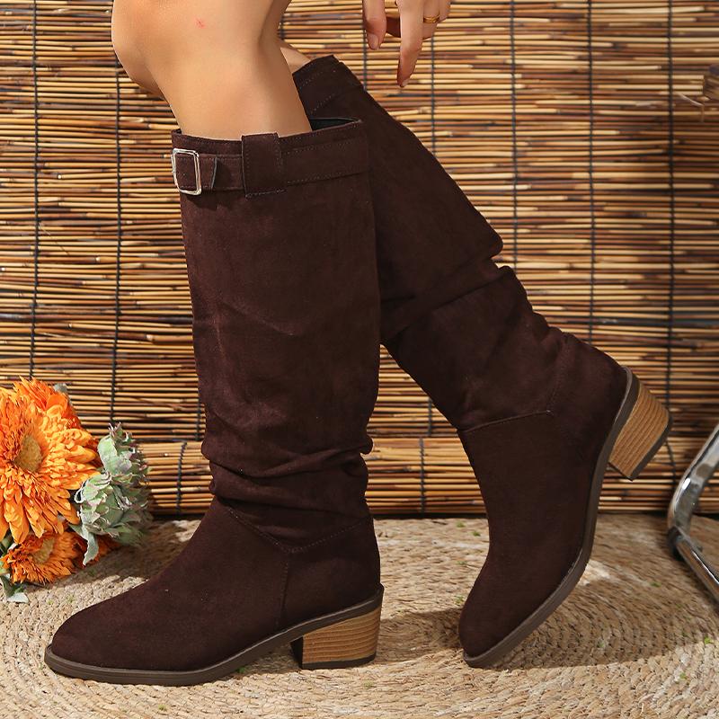 

Женские замшевые высокие сапоги до колена на среднем каблуке, женская мода 2025 года, зимняя пряжка, уютное платье, мотоциклетные сапоги Mujer 43 коричневый