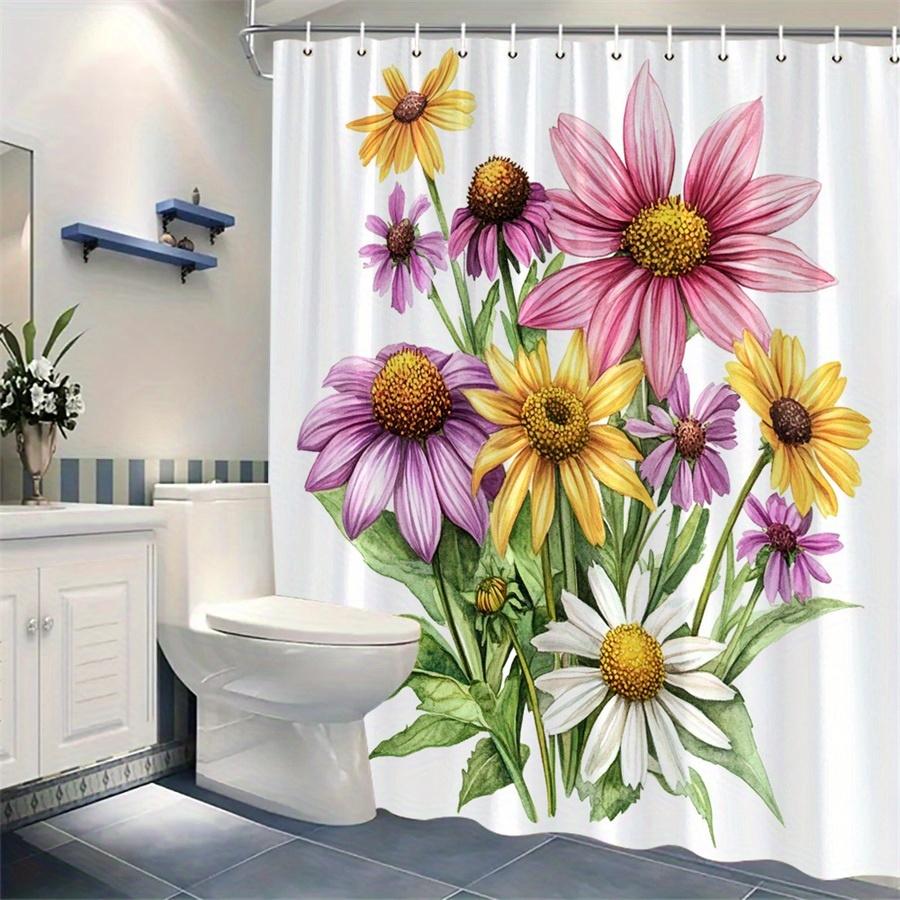 1 Bright Watercolor Floral Shower Curtain - Daisy and Purple Echinacea Botanical Pattern, Polyester Fabric, Machine Washable