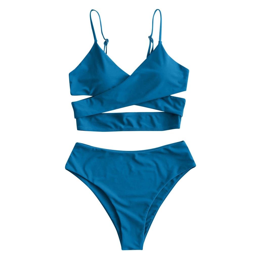 Women's High Waist Two Piece Swimsuit with Cross Wrap Straps Adjustable Spaghetti Straps Bikini Set for Beach Pool Swimwear