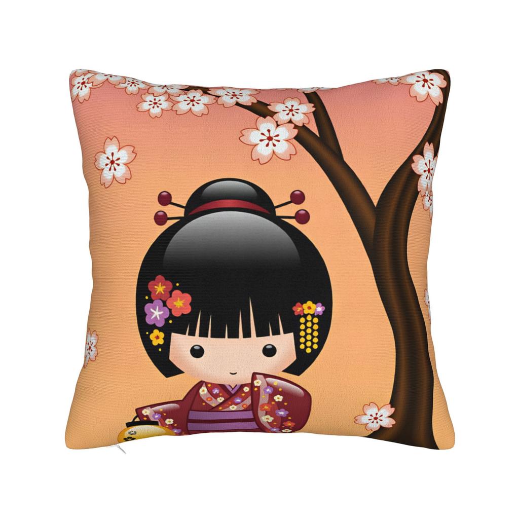 Japanese Girl Sakura Kokeshi Doll Pillow Case Cushion Cover Soft Custom Pillow Cover Pillowcases For Office Car Home Decorative