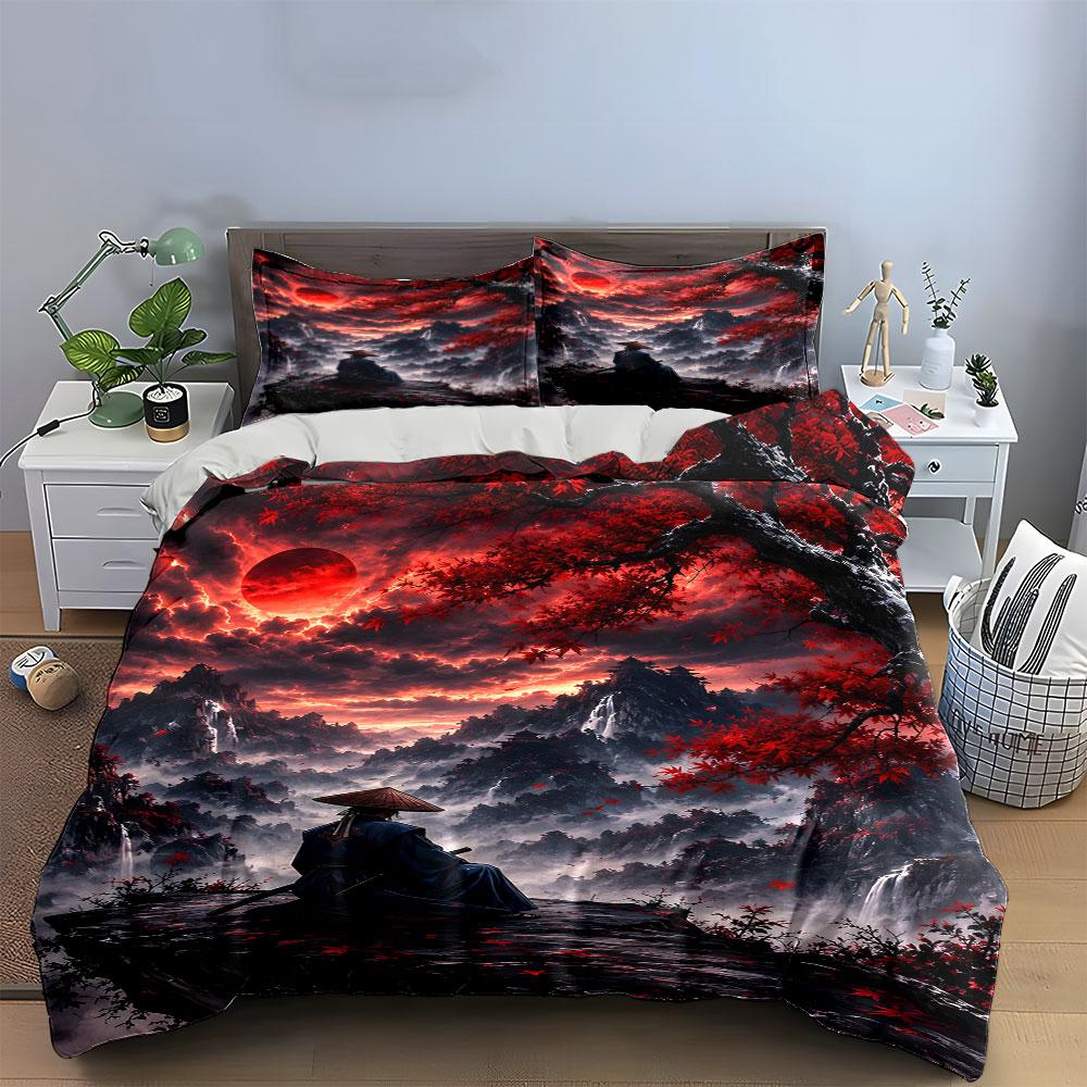 Set Copripiumino Scena Samurai Sotto la Luna Rossa (1*Copripiumino 2*Federe, senza piumino)