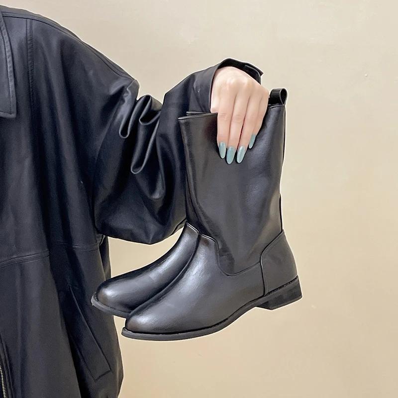 2026  autumn and winter new retro wide tube mid tube western boots with genuine leather women's short boots