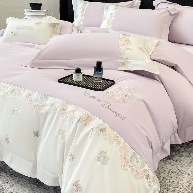 100% Cotton Long-Staple Flannel Embroidery 4-Piece Bedding Set - Mother & Baby Grade, All-Season