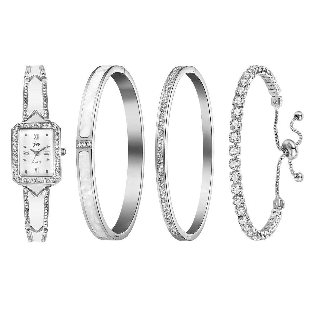 Armbånd 4 Deler Klokke Romersk Analog Kvarts Mote Sølv Gave Damesett Søt, Vanntett, Alfabet, Visning, Klokke, Klokke, - Bursdag,