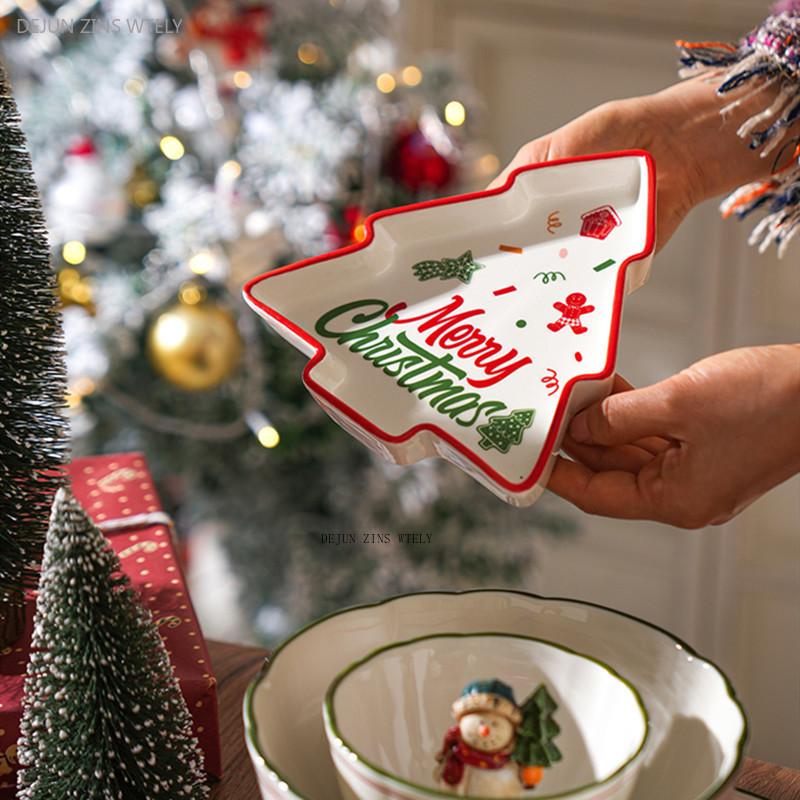 Exquisite Ceramic Plates Custom Christmas Tableware Home Dessert Steak Plates Noodle Bowls Kitchen Ceramic Fruit Salad Bowls