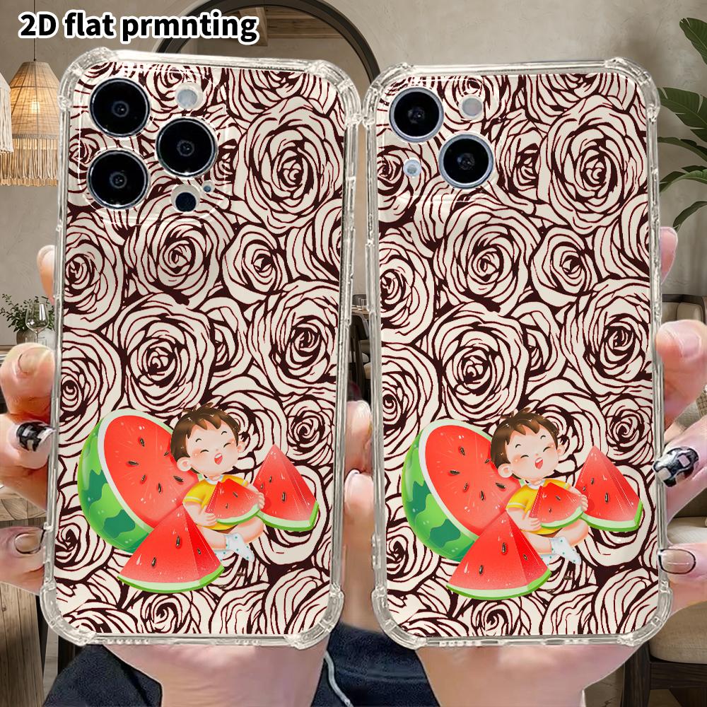 Phone Case: 2D Flat Design, Fits iPhone 18 17 16 15 14 13 Pro, Transparent Corners Protective Case, Cartoon Eating Watermelon, Christmas and Halloween