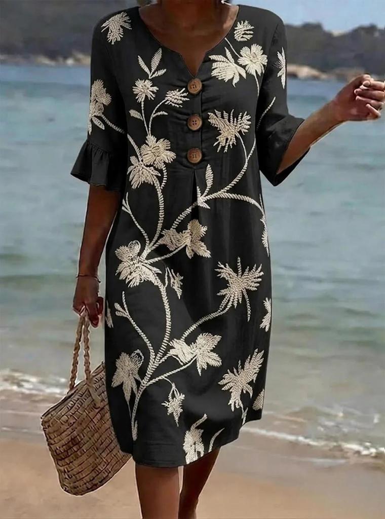 In-Stock Women's Floral V-neck Button Cotton Linen Dress