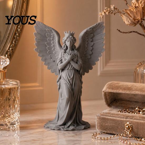 Retro Angel Sculpture 3D Printed Crown Figurine, Vintage Guardian Angle Statue, Healing Statue Artistic Winged Women for Home Tabletop Decoration
