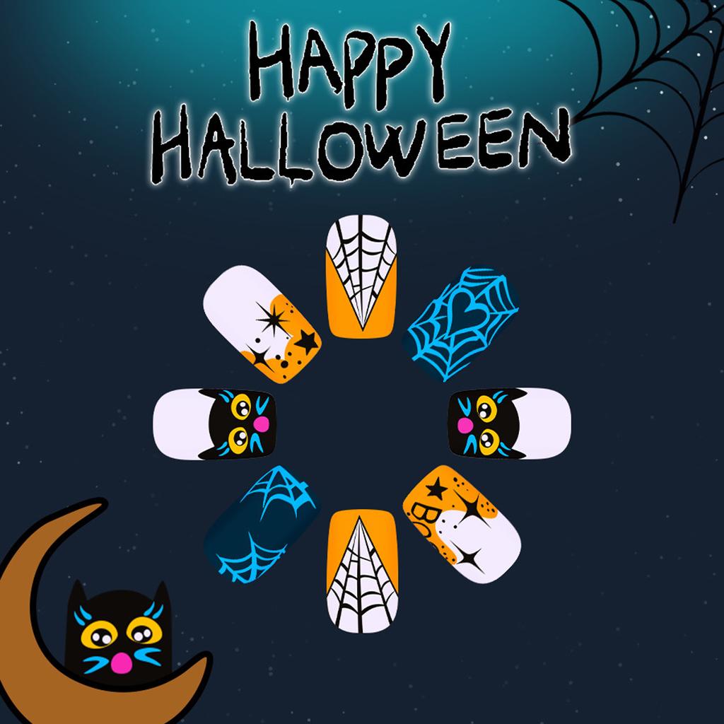 24 Piece Halloween Orange French Spider Web Gothic Press On Nails With Dark Bat Design And Black Glitter For Women Party